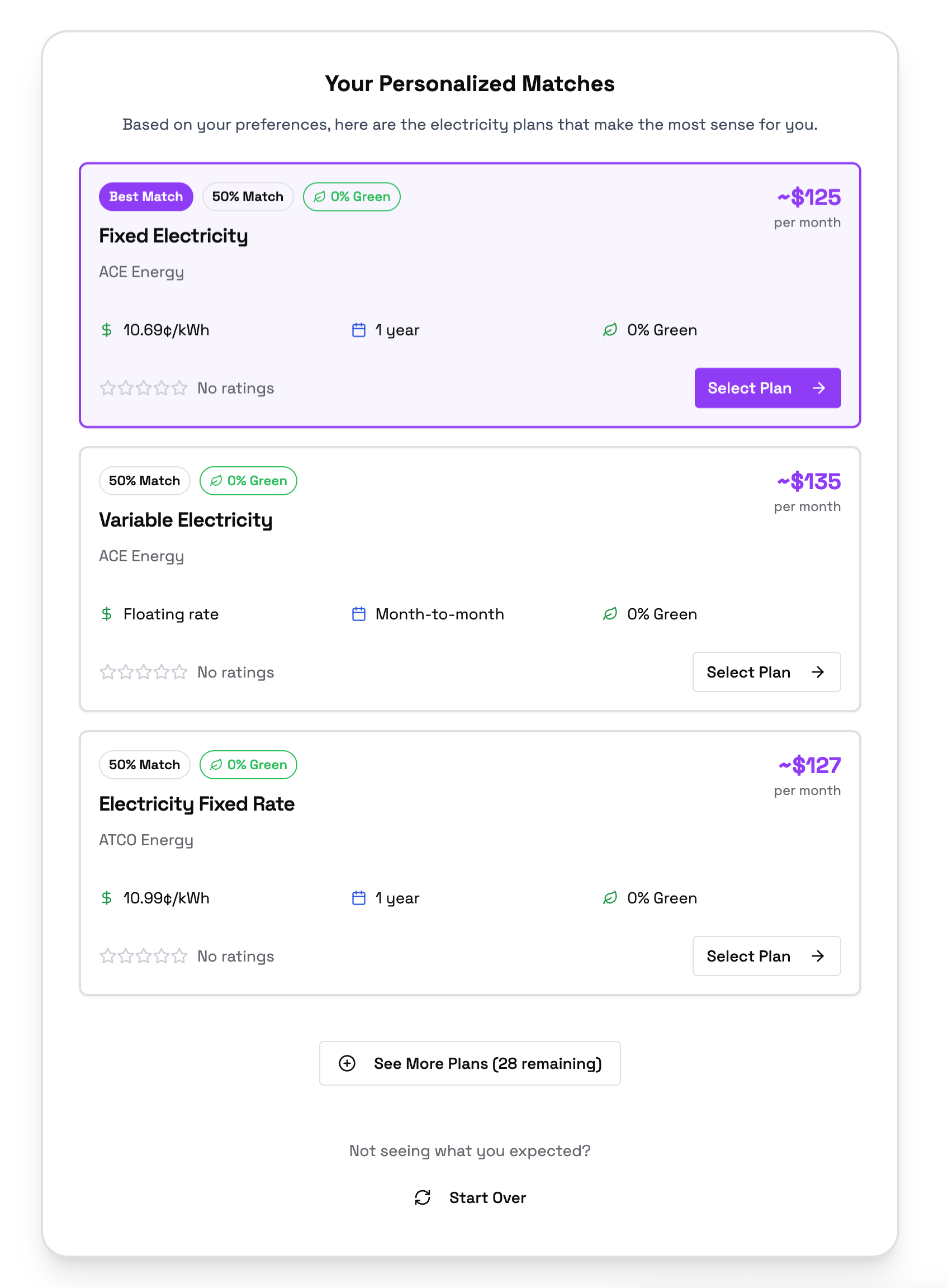 Plan comparison interface showing detailed electricity plan comparisons